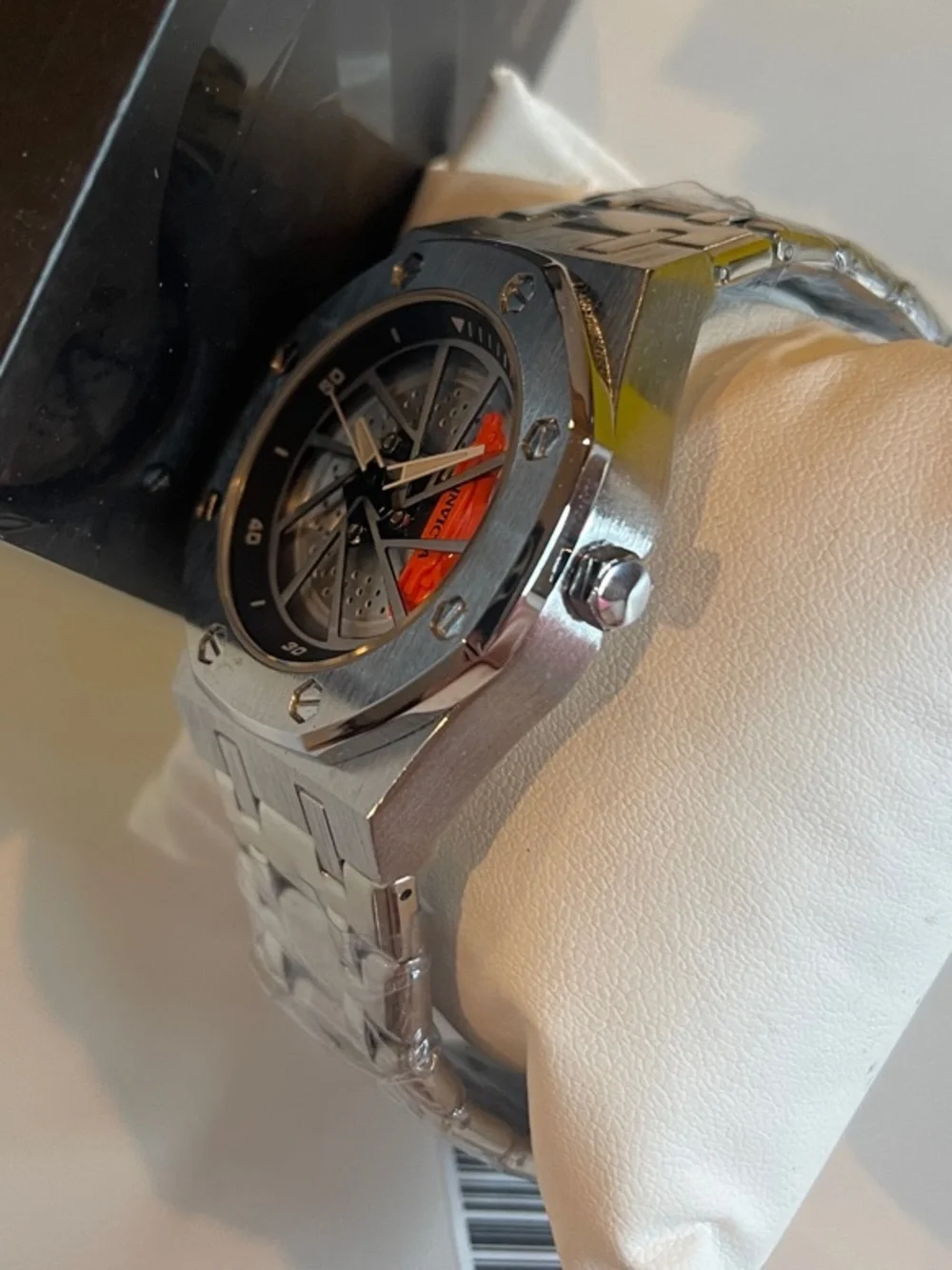 Skeleton Dial Stainless Steel Watch with Orange Accent - 69484